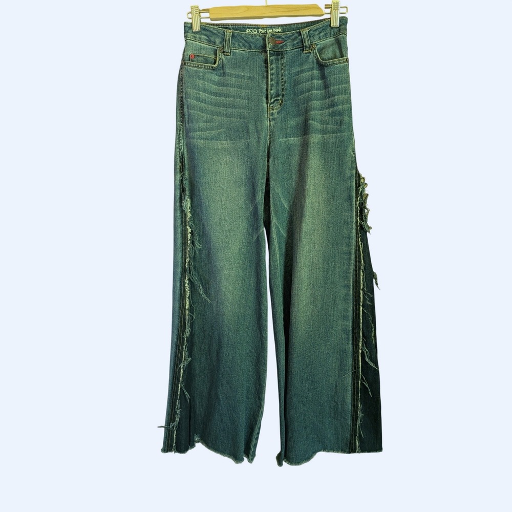 Peace Love World Wide Leg Jeans 0 Boho Distressed Streetwear Frayed Edgy Hippie - Picture 2 of 13